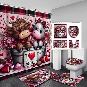 Cute Cartoon Cow Bathroom Curtain Set, Includes Toilet Lid, Mat, Hooks, Modern Home Decor, Christmas Gift, Two Specifications Available