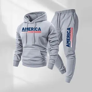 Men's 2-Piece America Letter Printed Hoodie & Drawstring Sweatpants Tracksuit Set, 100% Polyester, Athleisure Style Athletic Activewear Tracksuit, Long-Sleeve Casual Fall Winter Daily Wear Sportswear