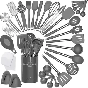 Umite Chef Silicone Kitchen Cooking Utensil Set, 43 Pcs Silicone Spatula with Stainless Steel Handle, Non-Stick Heat Resistant - Best Cookware (Grey)