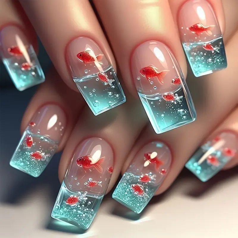 24-piece Square Medium-length Fake Nails - Fish Tank With Goldfish Pattern, Glossy Effect, Red & Turquoise Aquarium Theme, With Jelly Glue And Nail File For Easy Wearing, Goldfish Tank Decoration, Creative Beauty Accessories, Durable Patch
