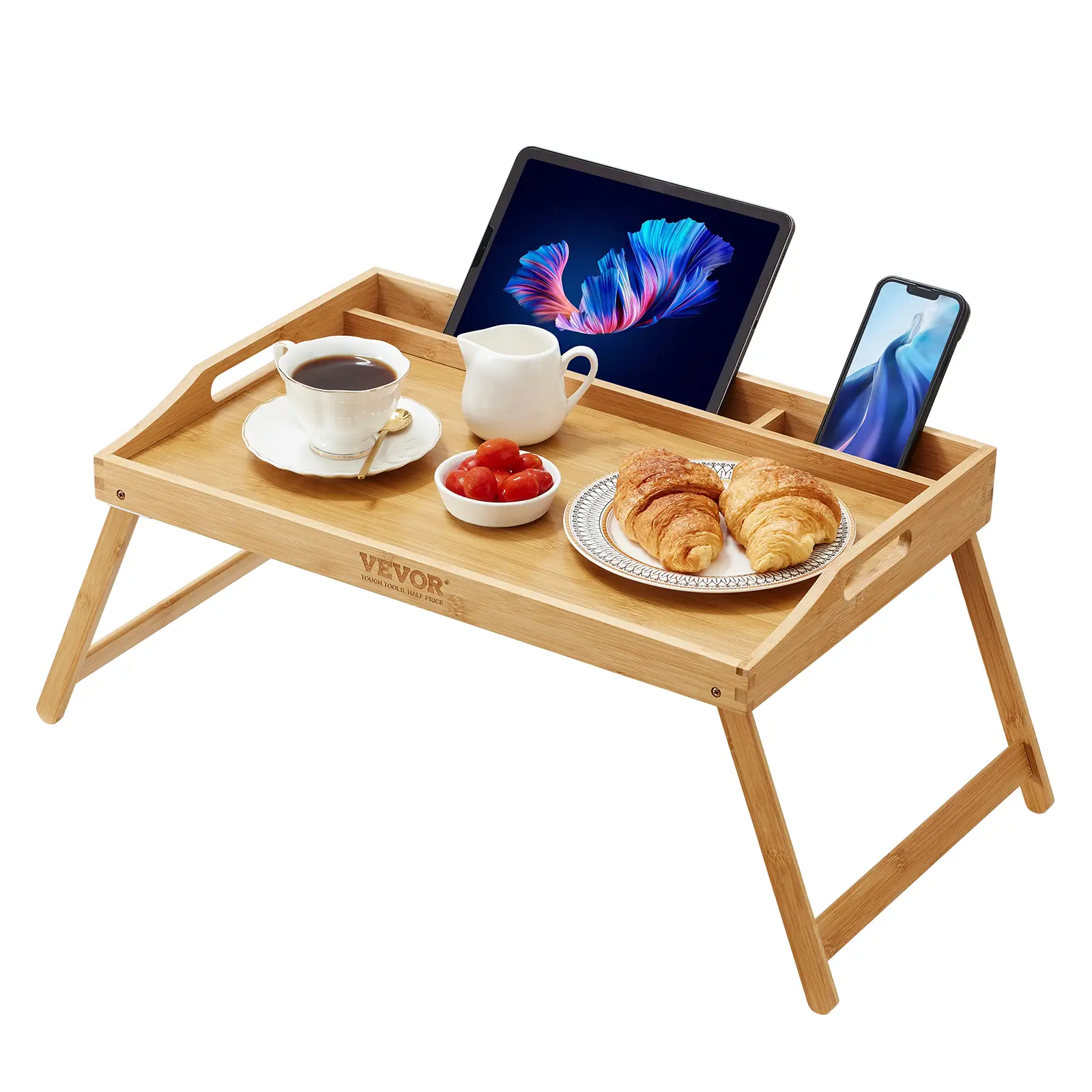 VEVOR Bed Tray Table with Foldable Legs & Media Slot, Bamboo Breakfast Tray for Sofa, Bed, Eating, Snacking, and Working, Serving Laptop Desk Tray TV