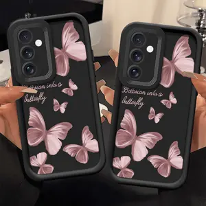 Black High Bamboo Pink Butterfly Pattern Phone Case Compatible with Galaxy S24 Ultra/S24 Plus/S24/S23 Ultra/S23 FE/A55/A54/A53/A52/A52S/A51/A50/A50S/A35/A34/A33/A32/A24/A23/A22/A21S/A20/A20S/A15/A14/A13/A12/A10S/A05S/A05/A03S/A03
