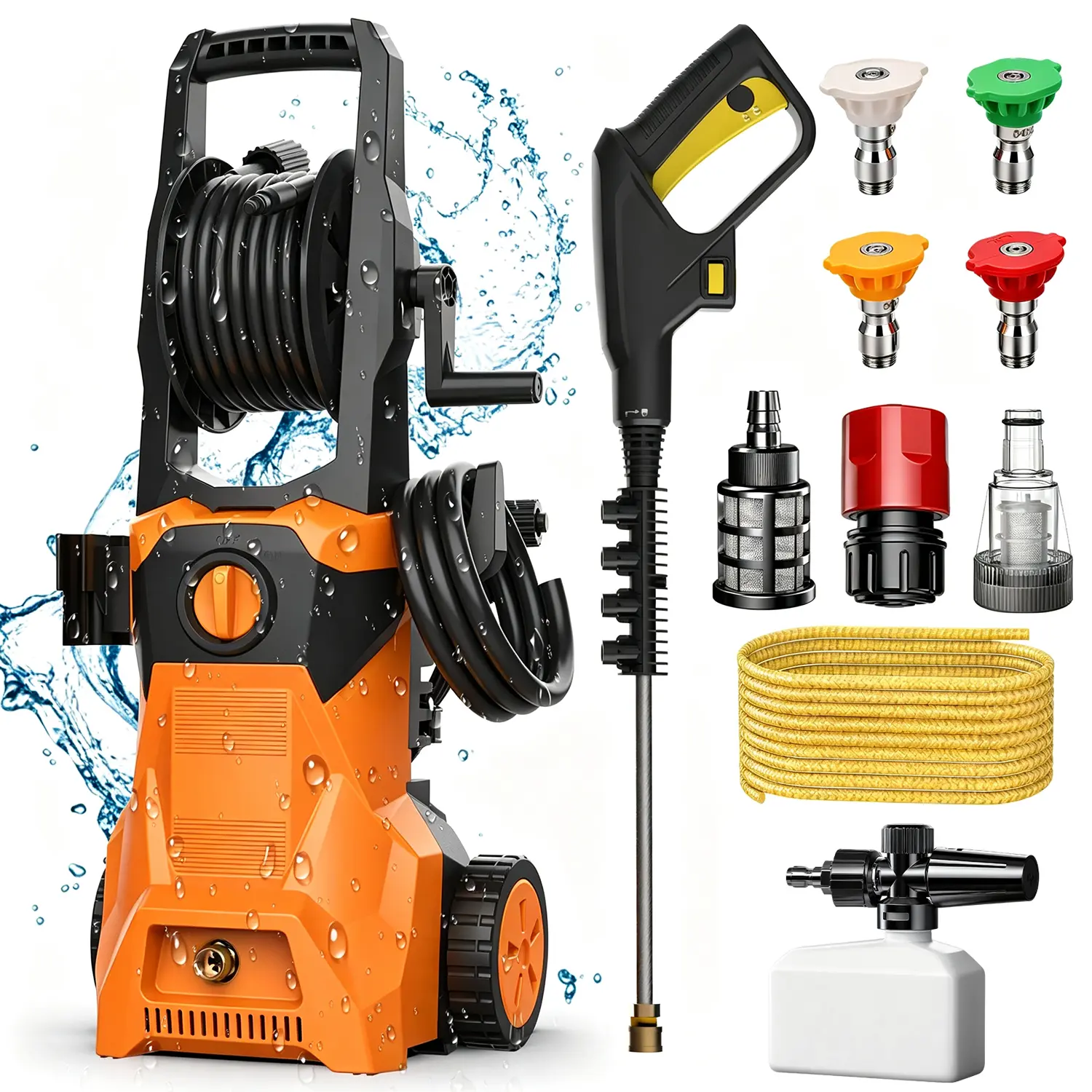 New Electric Power Pressure Washer (3000 PSI) with 46 FT High-Pressure Hose, Total Stop System (TSS), Built-in Hose Reel, Mobility Wheels, 5 Quick-Connect Spray Nozzles & Foam Cannon for Car, Driveway, Household Outdoor Cleaning