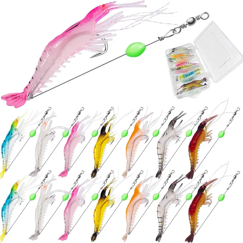 7PCS/14PCS Pre-Rigged Translucent Shrimp-Shape Soft Fishing Lures with Glow Bead Detail & Single Hook, Lifelike Artificial Bait for Saltwater/Freshwater Fishing Supplies (Redfish, Trout, Bass)