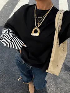 Women's Trendy Layered Long-sleeve T-shirt, Black & White Color-block Top, Oversized Crewneck Casual Fit Top Perfect for Streetwear & Daily Wear