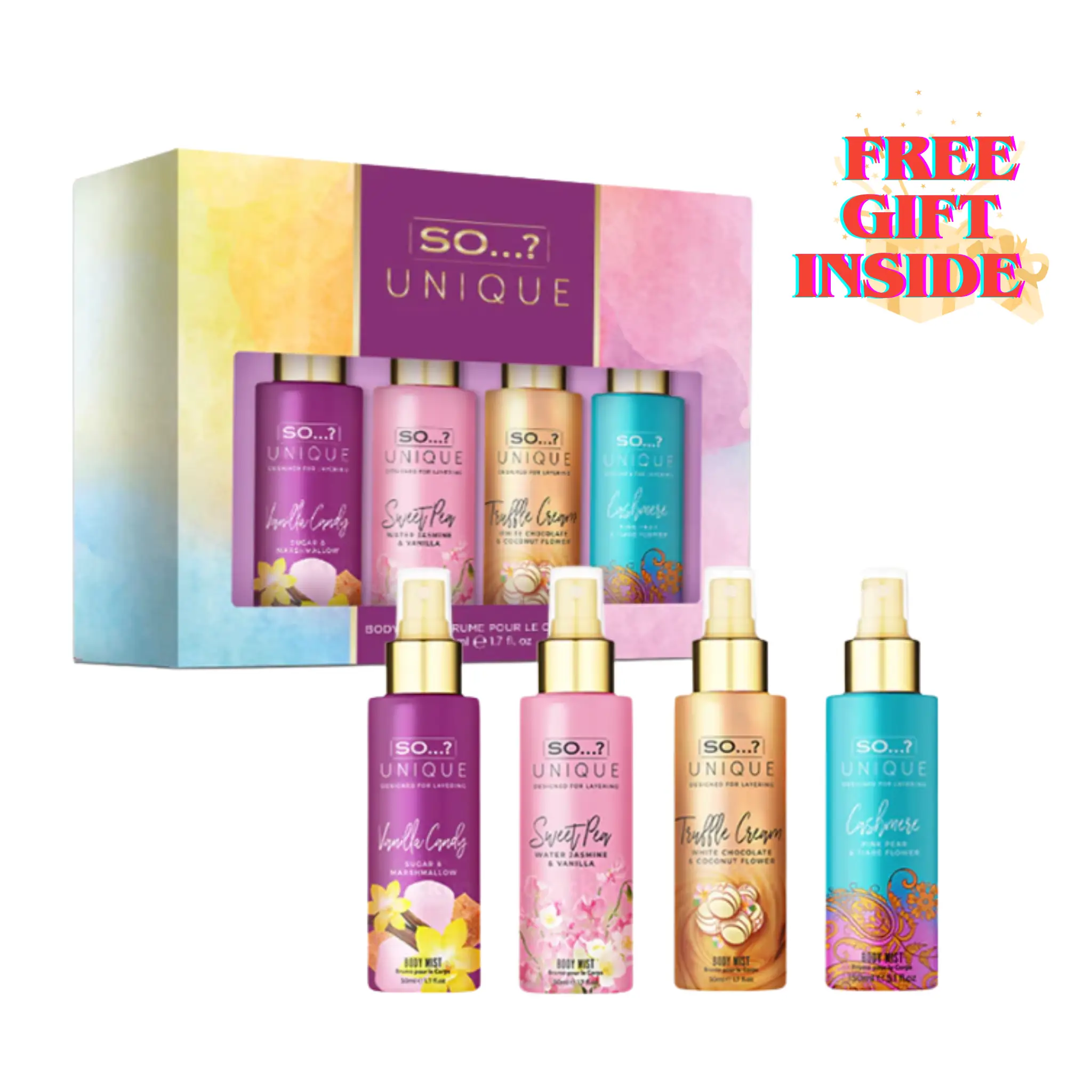 SO...? Unique 4PCS Body Mist Set - Vegan Cruelty-Free Perfumes for Women - Vanilla Candy, Sweet Pea, Truffle Cream, Cashmere - 650 to 1000 Sprays - Lo