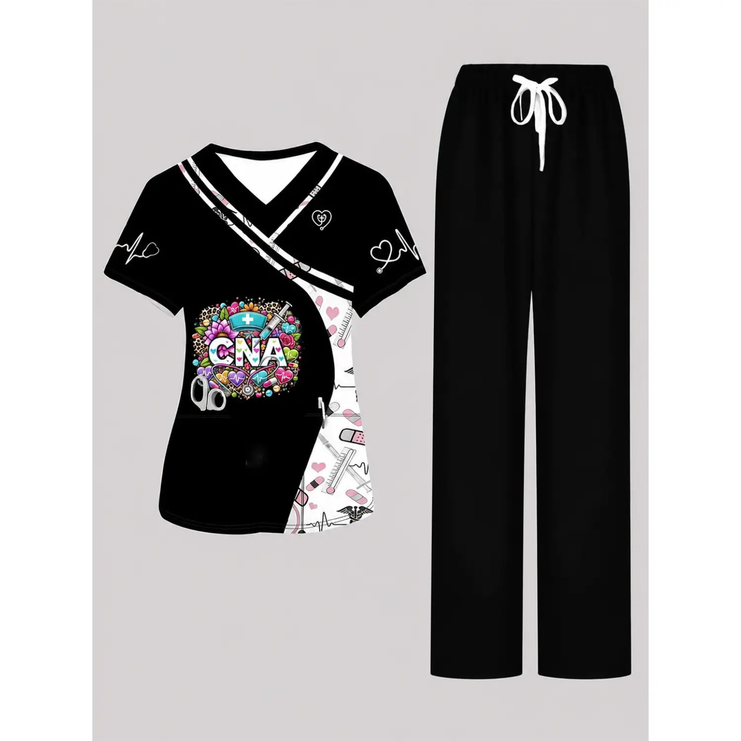 CNA Medical Print Scrub Set for Certified Nursing Assistants – Black V-Neck Top & Drawstring Pants
