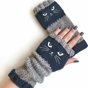 Women's Knitted Fingerless Gloves with Cute Cat Embroider Cozy and Stylish Hand Warmers for Casual Winter Wear and Holiday Season Outfits