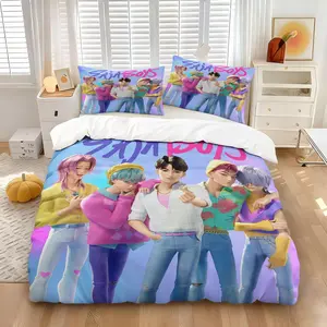 K-pop Boy Group Anime Duvet Cover Set, 1 Duvet Cover + 1/2 Pillowcases, No Core, Sweet Pastel Print with Idol Quintet & Hearts, Soft Cozy Breathable All-Season Bedding for Teens & K-pop Fans Bedroom & Dorm Decor