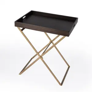 360 stand Rectangular End Table - Distressed Finish, Rustic Vibe, 27x23.75x17.75 in, Gold & Walnut Solid Wood with Iron Legs, Nightstand Table, Cross-Leg End Tables, Dark End Tables