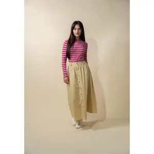 Button Down Cotton Blend Skirt-Tan