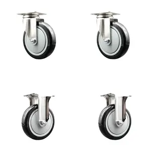 Polyurethane Swivel Top Plate Caster Set of 4 with 5 Inch Black Caster Wheels - 316 Stainless Steel Casters - Includes 2 Swivel Casters and 2 Rigid Casters - Service Caster Brand