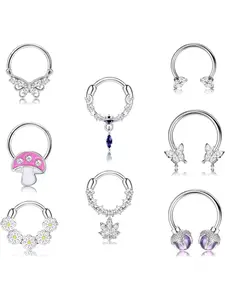 8Pcs Nose Rings Hoops for Women, 316L Surgical Steel Septum Clicker Rings Hinged CZ Silver Nose Ring Hoop 16G Eyebrow Lip Cartilage Tragus Rook Helix Conch Daith Piercing Jewelry 8mm/10mm