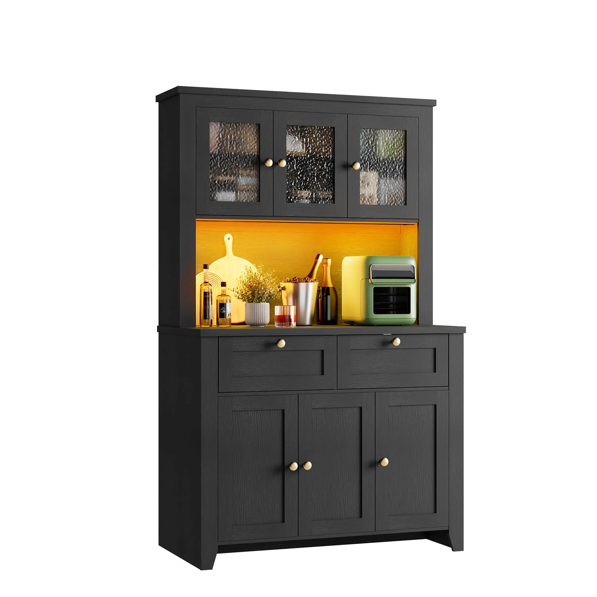 66" Tall Pantry Cabinet with LED Lights & Charging Station, Kitchen Pantry Storage Cabinet Kitchen Hutch Coffee Bar with Storage Drawers and Adjustable Shelves for Dining Room, Living Room