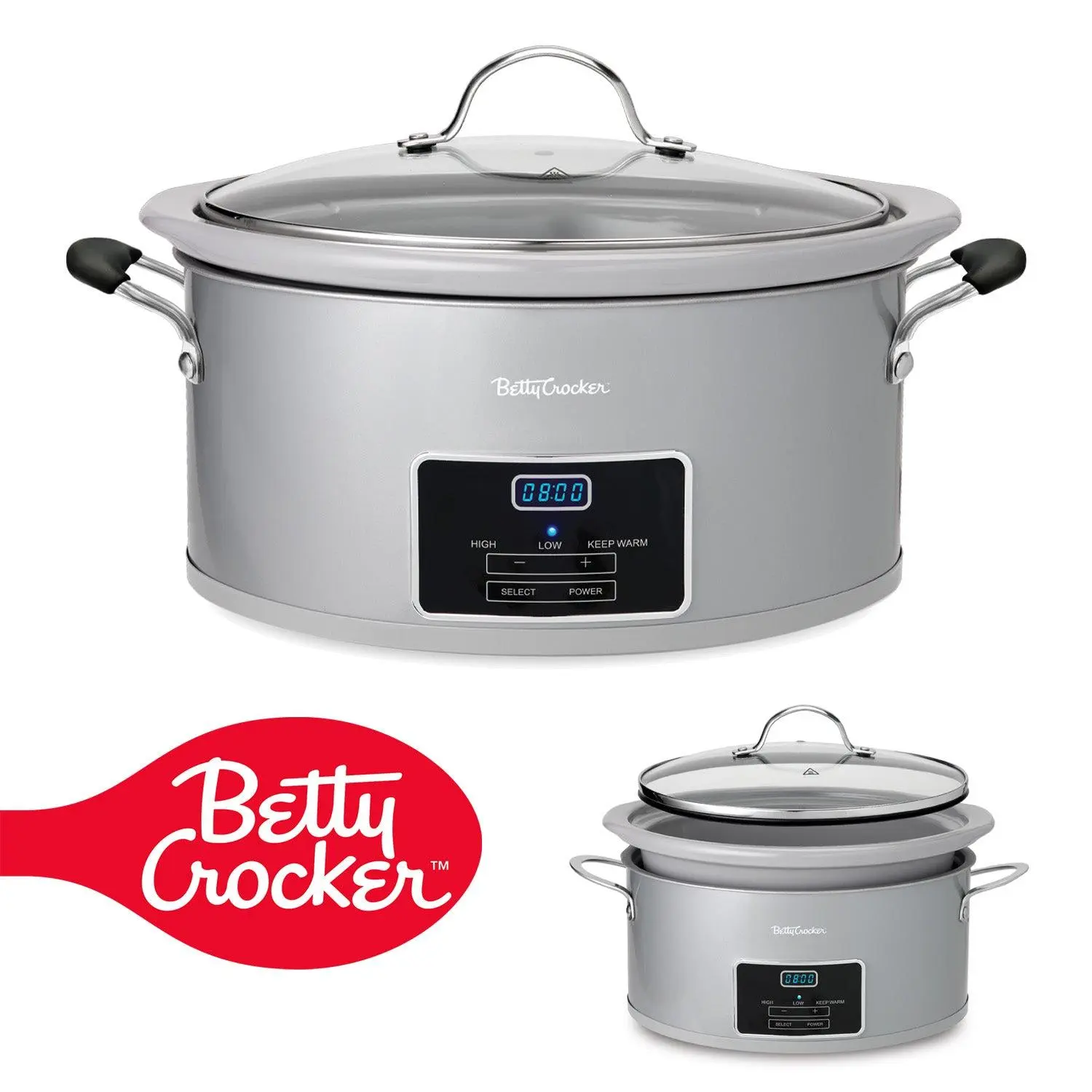 Betty Crocker 6-Quart Oval Digital Slow Cooker, Programmable Crock Pot Up to 20 Hours, Electric Cooking Pot with LCD Digital Display, Removable Stoneware Crock Liner, 240 Watts, BC-4587S, Silver