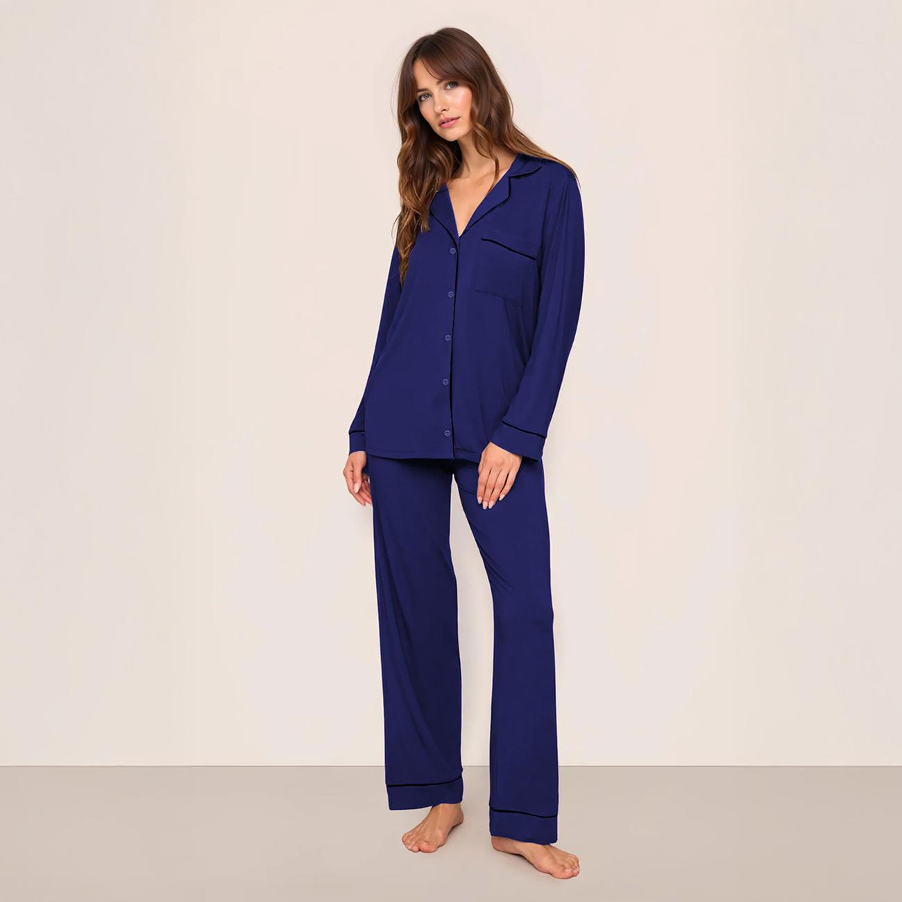 KatchMe Women's Basic Color Matching Trim Button-Up Long Sleeve Top & Drawstring Waist Loose Trousers Sleepwear Co-ord, Leisure Pajama Set for Fall & Winter KatchMe Women's Basic Color Matching Trim Button-Up Long Sleeve Top & Drawstring Waist Loose Trousers Sleepwear Co-ord, Leisure Pajama Set for Fall & Winter