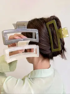 3pcs Simple Transparent Plain Color Large Hair Claws, Flat Claw Clips, Hot Fashion Hair Accessories for Women & Girls for Daily Clothing Decor, Minimalist Headwear Suitable for Thick Hair