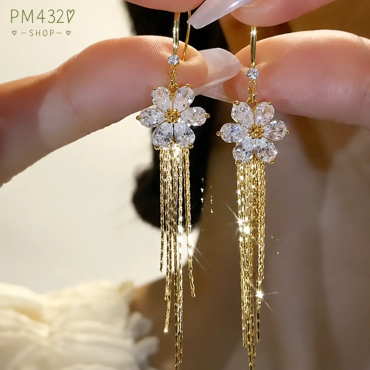 White Zircon Flower Earrings for Women – Fairy-Like Long Petal Tassel Earrings, 14K Gold Plated High-End Elegant Statement Jewelry, Unique Temperament Fashion Earrings DDES0379