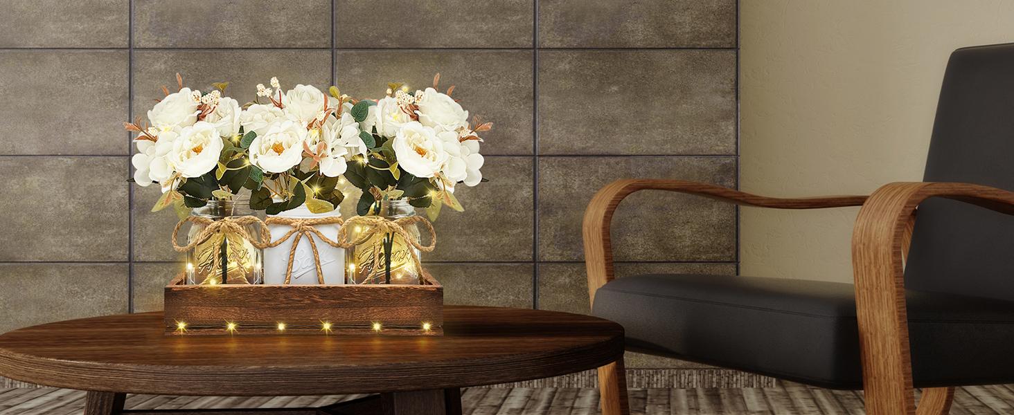 Holiday Deal Mason Jar Centerpiece Table Decor for Dining Room - Easter Table Decorations with Farmhouse Wood Tray and Remote Control LED Fairy Lights for Coffee Table Home Decor Living Room Wedding