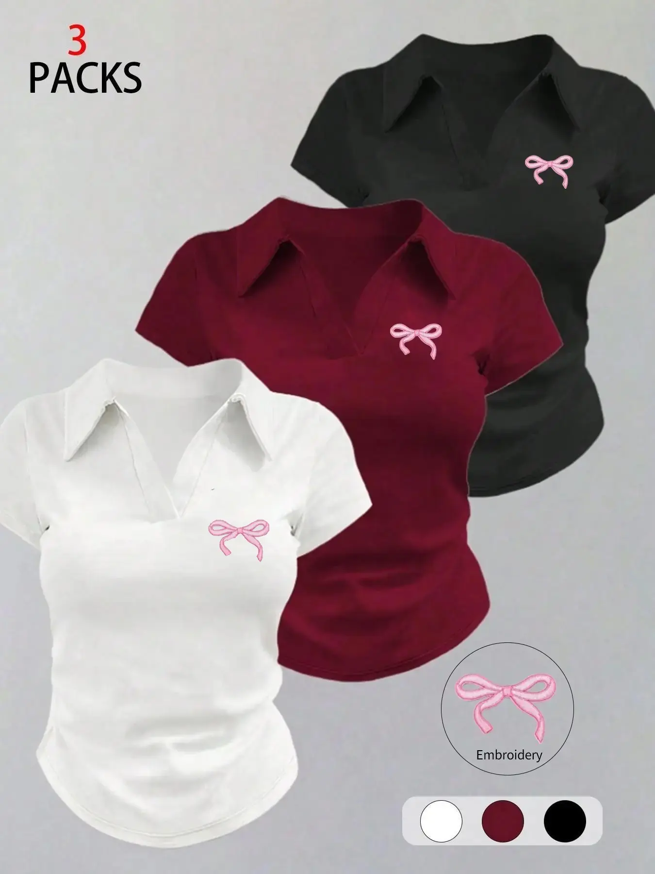 Women's 3-Pack Bow Embroidery Polo Neck Tops, Slim Fit Short Sleeve V-Neck Tees, Casual Y2K Coquette Aesthetic for Daily & School