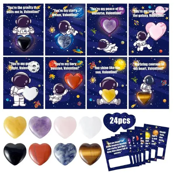 24 Pack Valentine’s Day Gifts for Kids – Classroom Valentine Exchange Cards with Heart Crystal Stones, School Valentines Party Favors, Goody Bag Fillers for Boys & Girls