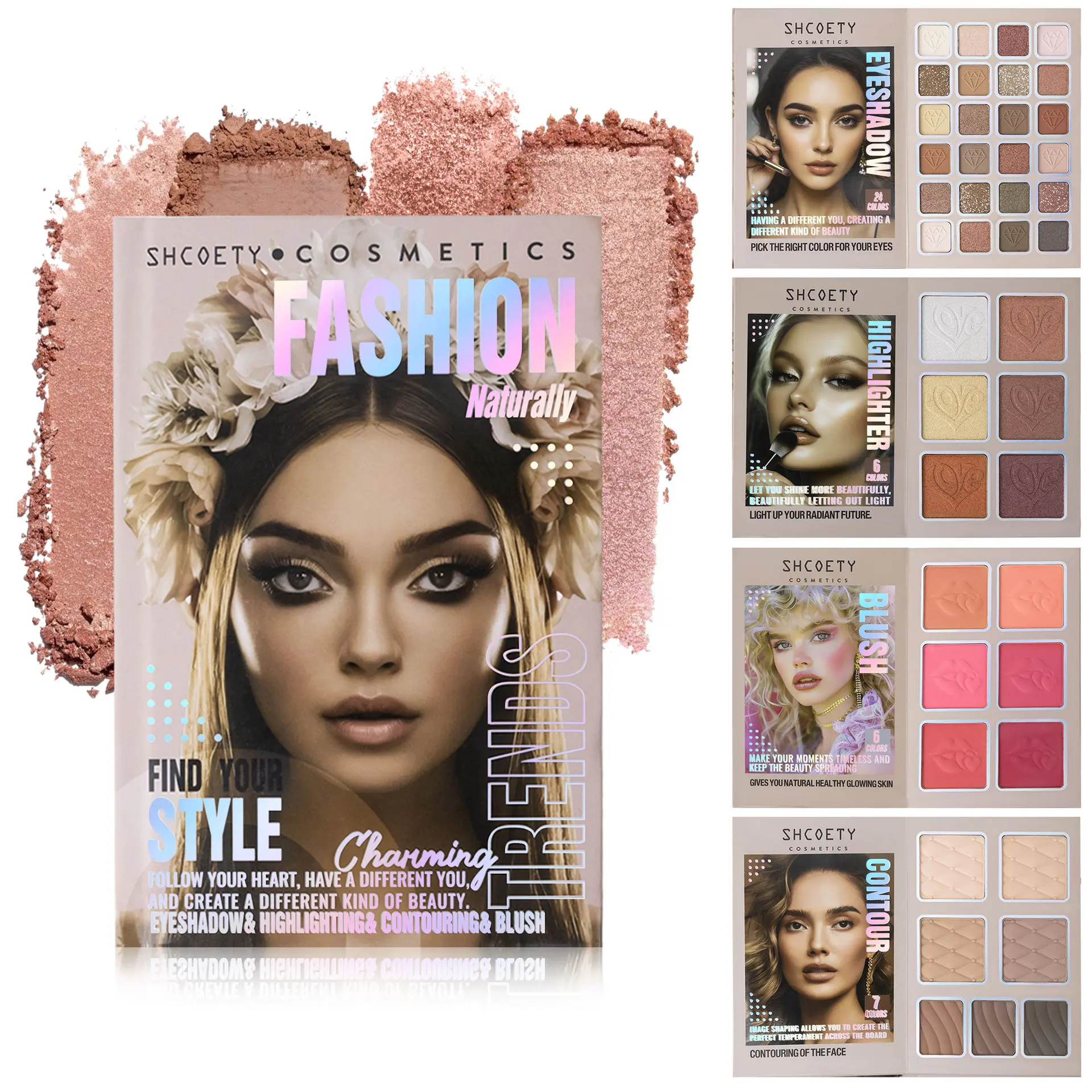 Women's 4-in-1 Multi-Fold Makeup Book Palette - Pigmented Matte & Shimmer Eyeshadow, Blush, Highlighter, Contour Powder - Long-Lasting Portable Travel Cosmetic Kit for Beginners (Daily & Party Use)