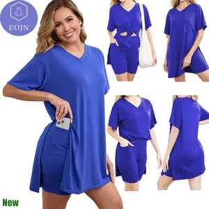 2026 EOJN New Plus Size Two Pieces Outfits with Pocket,Short Sleeve Tunic Tops and Skinny Biker Shorts Sets,Summer TracksuitsWomenswear Bodycon,Spring,Comfort and Breathable.M-3XL