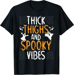 Thick Thighs And Spooky Vibes Funny Halloween Ghost T-Shirt - Logantre Shop 52B09C6NVQC6