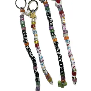 Pro Palestine Beaded Keychains Handmade Colorful Keychain with Free Palestine Stop Bombing Gaza Texts Key Ring Attachments for Humanitarian Crisis Support