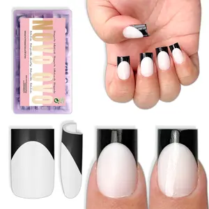 NOVO OVO Short Sharp Square Black French Tip Nail Tips Press on MILKY WHITE, Need Builder Gel Top Coat Nail Glue, Soft Gel Fake Nail Extension, Full Cover False Nails for Salon DIY x 15 Sizes 240 pcs