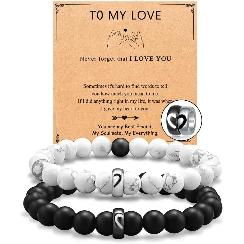 Couples Bracelet Set with Puzzle Heart Charms, His & Hers Beaded Natural Stone Bracelets, Elastic Anniversary Gift for Boyfriend Girlfriend, Stainless Steel Bracelet