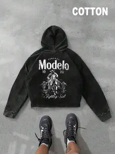 Unisex's Modelo Print Hoodie, Casual Loose Thermal Lined Hooded Sweatshirt for Daily Wear, Unisex's Top for Fall & Winter, Man