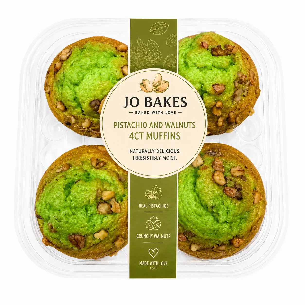 JO BAKES Pistachio Muffins 4 Count, 14 oz | Soft & Moist Bakery Muffins | Breakfast, Snack & Dessert