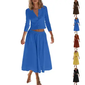 JovenPara Women's 2 Piece Lounge Sets Matching Ribbed Button Down Cardigan & Elastic Waist Skirt Sets gifts