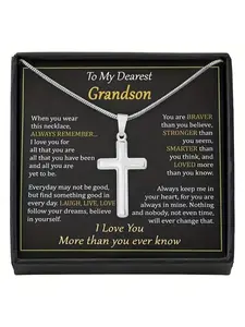 To my dearest grandson: Simple cross pendant necklace with card and gift box, birthday gift, Christmas gift, anniversary party gift, stylish minimalist style, pendant necklace
