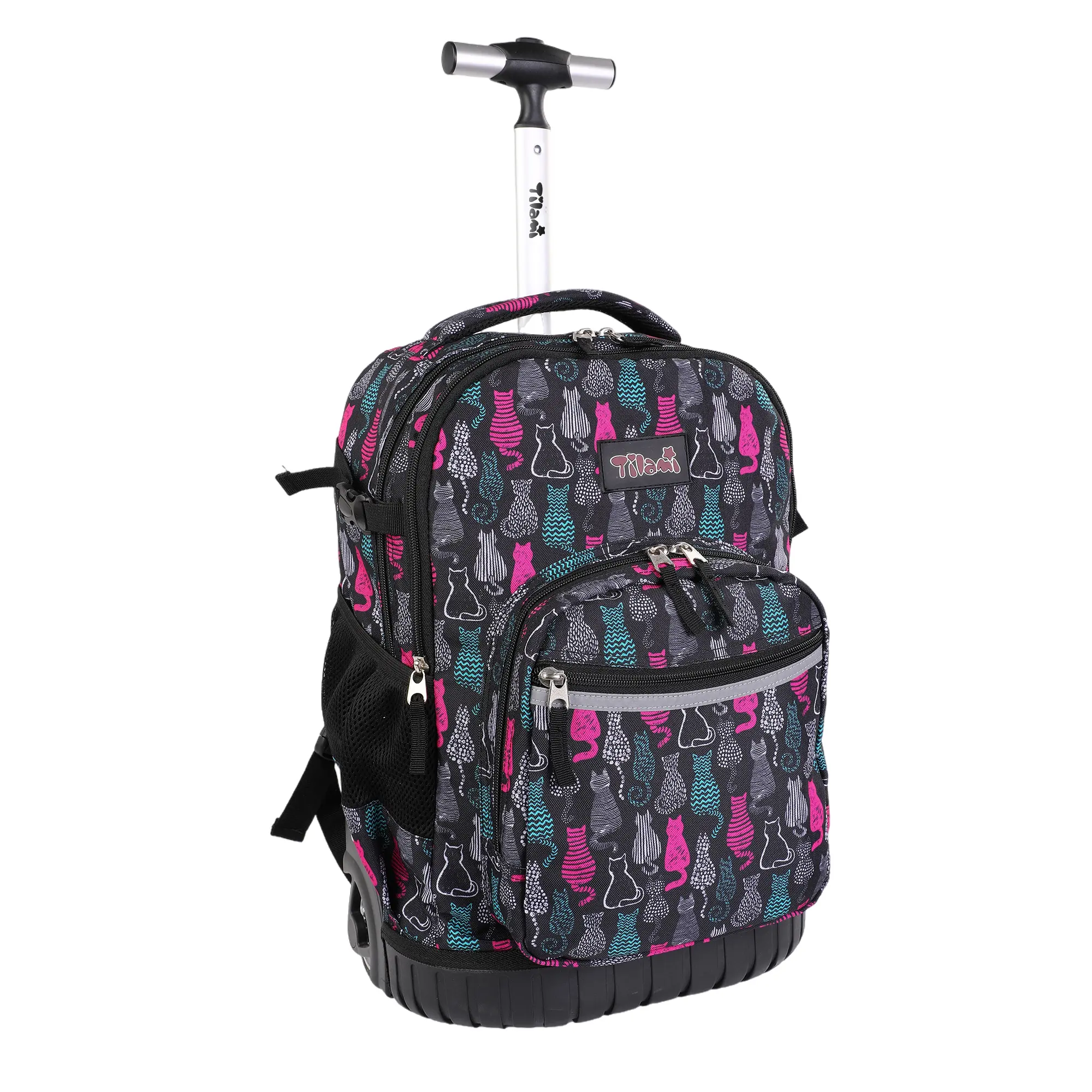 Tilami Rolling Backpack, 18 inch Shoulder Drop, Concealed Pockets and Wheel Cover, Laptop Backpack for Boys and Girls, Cat Black