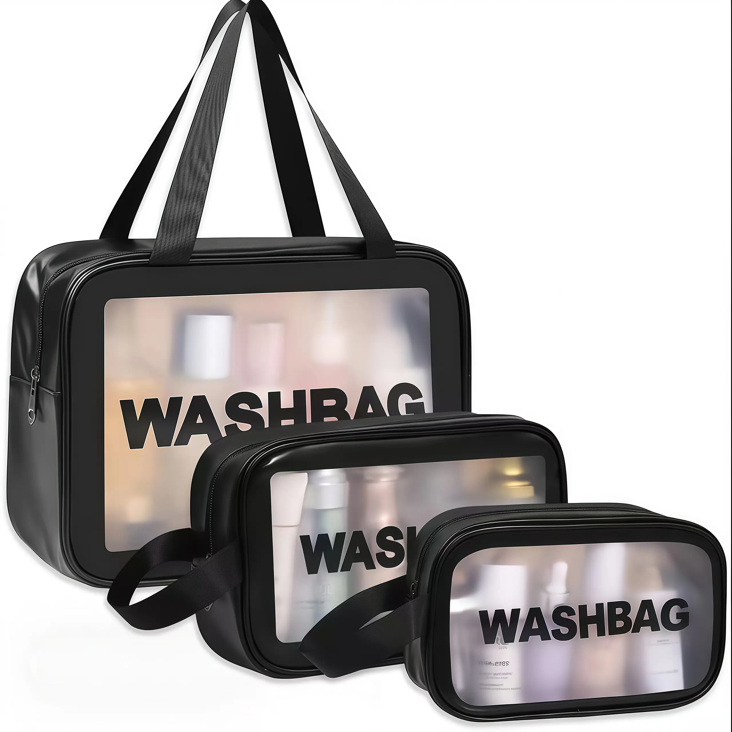 Set of 3 Upgraded Travel Toiletry Bags for Women, Matte Translucent Shower Bags with Convenient Handles, Large Capacity Translucent Travel Cosmetic Pouches (Bags Only)