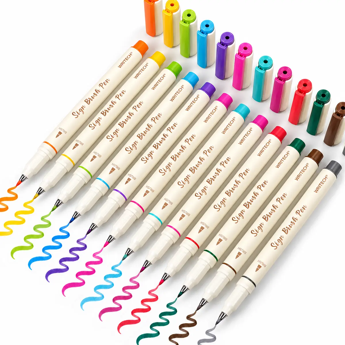 WRITECH Brush Tip Marker Pens: Flexible Water-Based Artist Markers, 12ct Assorted Vibrant Colors for Calligraphy, Drawing, Journaling, and Coloring Craft Supplies Colorful