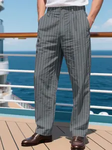 Men's Vintage Striped Pants, High-Quality Linen Long Pants, Unique Pocket Design, Thin and Breathable, Comfortable Casual Wear, Lightweight Linen Trousers