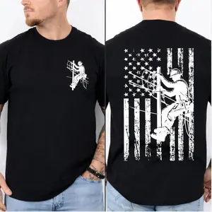 Lineman American Flag Graphic Tee – 2-Sided 100% Cotton Utility Worker Shirt for Electricians & Blue Collar Men, Casual Everyday Workwear Gift for Husband