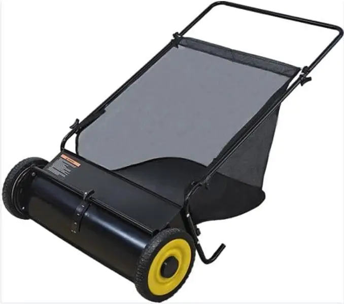 Portable 26-Inch Push Lawn Sweeper with Height Adjust Handle, Commercial-Grade Steel Frame, 7 cu ft Large Bag, Dual Brushes for Driveways Grass & Leaf Cleanup, Black