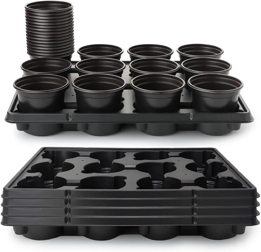 RooTrimmer 4 Inch Plastic Plant Pots 60 Pcs and 12 Cell Nursery Pots Trays 5 Pcs, Thick Sturdy Seeds Starting Germination Shuttle Carrying Trays, Black Small Planter Nursery Propagation 5 Sets
