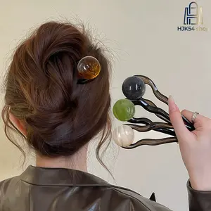4PCS Vintage Marbled Round Bead U Shape Hair Fork Wavy Acrylic 2 Prong Hair Pin Non Slip Updo Bun Hair Stick Minimalist Retro Daily Office Wedding Casual Hairstyle Fixing Hair Accessories for Women