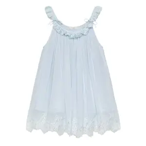 [10-12 Days Delivery] Women's Sheer Feminine Loose Lace Edge Sleeveless Suspender Mini Dress, Casual Wear Cottagecore Piece with Pastel Blue Vibe, Summer Holiday Beachwear
