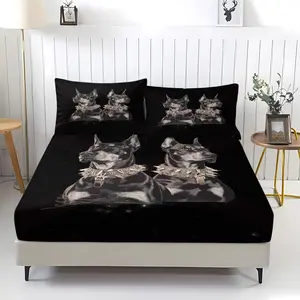 Black-based cool and trendy printed pattern fitted sheet, featuring comfortable floral prints, includes 1 fitted sheet and 2 pillowcases, comfortable bedding, anti-slip and dustproof cover suitable for bedrooms and guest rooms, perfect gift for children a