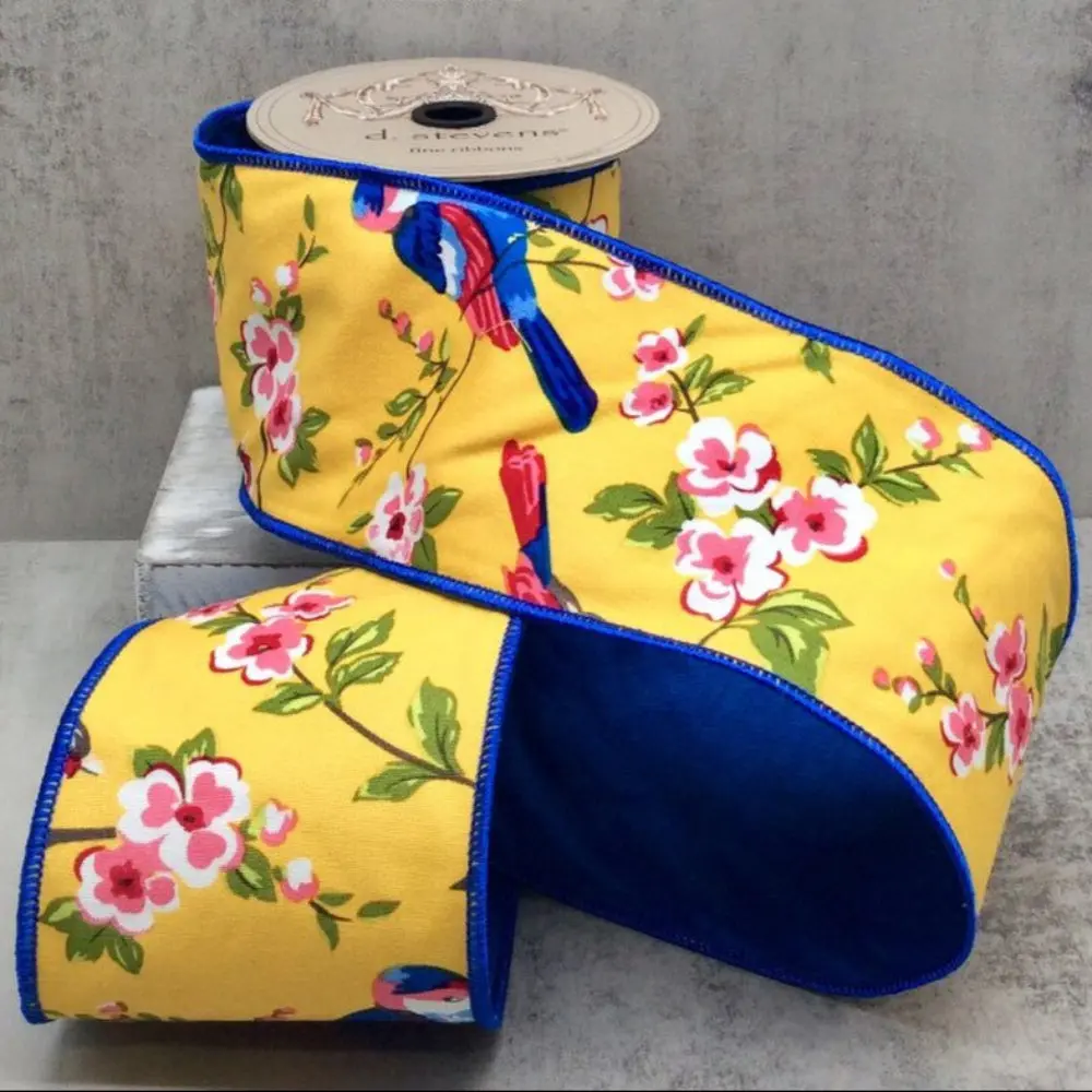 Canvas Blue Bird and Cherry Blossom Ribbon, 4" x 10YD
