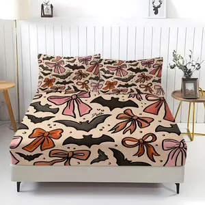 3Pcs Festival Themed Fitted Sheet Set, Spooky Black Bats and Playful Bow Print Bedding Set, Soft Beige Background, Perfect for Seasonal Decor, Adds a Whimsical Touch to Your Bedroom!Includes 2 pillowcases (pillow inserts not included).