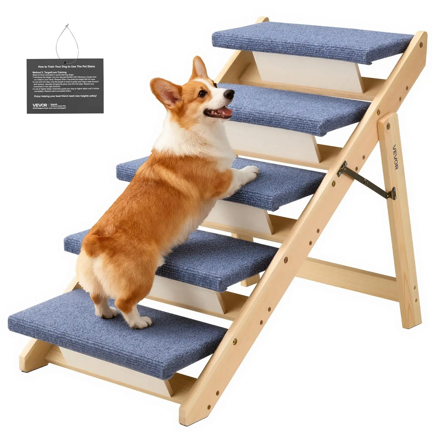VEVOR Polyester Wood Anti-Slip Stairs & Steps, 5-Step Secure Support Ladder for Small-Large Older Pets, 150 lbs Load Capacity, Foldable Easy-to-Carry-and-Store Design, Comfortable for Bed & Car Use, Easy To Accept