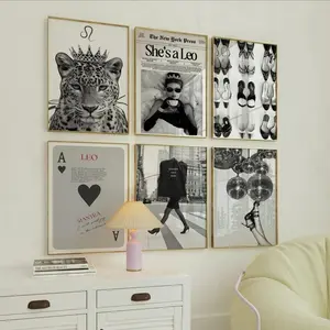 Trendy Black and White Gallery Wall Art, Set of 6 Aesthetic Chic Apartment Decor, Astrology Leo Zodiac Poster, Stylish Y2K Wall Art