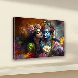 Mounted Canvas Art of Lada and Krishna's Divine Love, Artistic Elegant, Modern Home Decor, Floral and Spiritual Wall Decoration, Suitable for Bedroom, Living Room, or Cafe